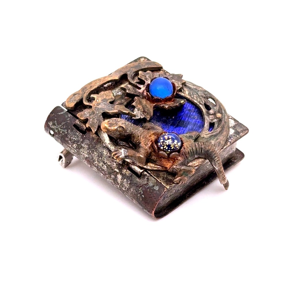 Vintage Mixed Metal Lizard Book Pill Box Brooch Blue Enamel Salamander Trinket